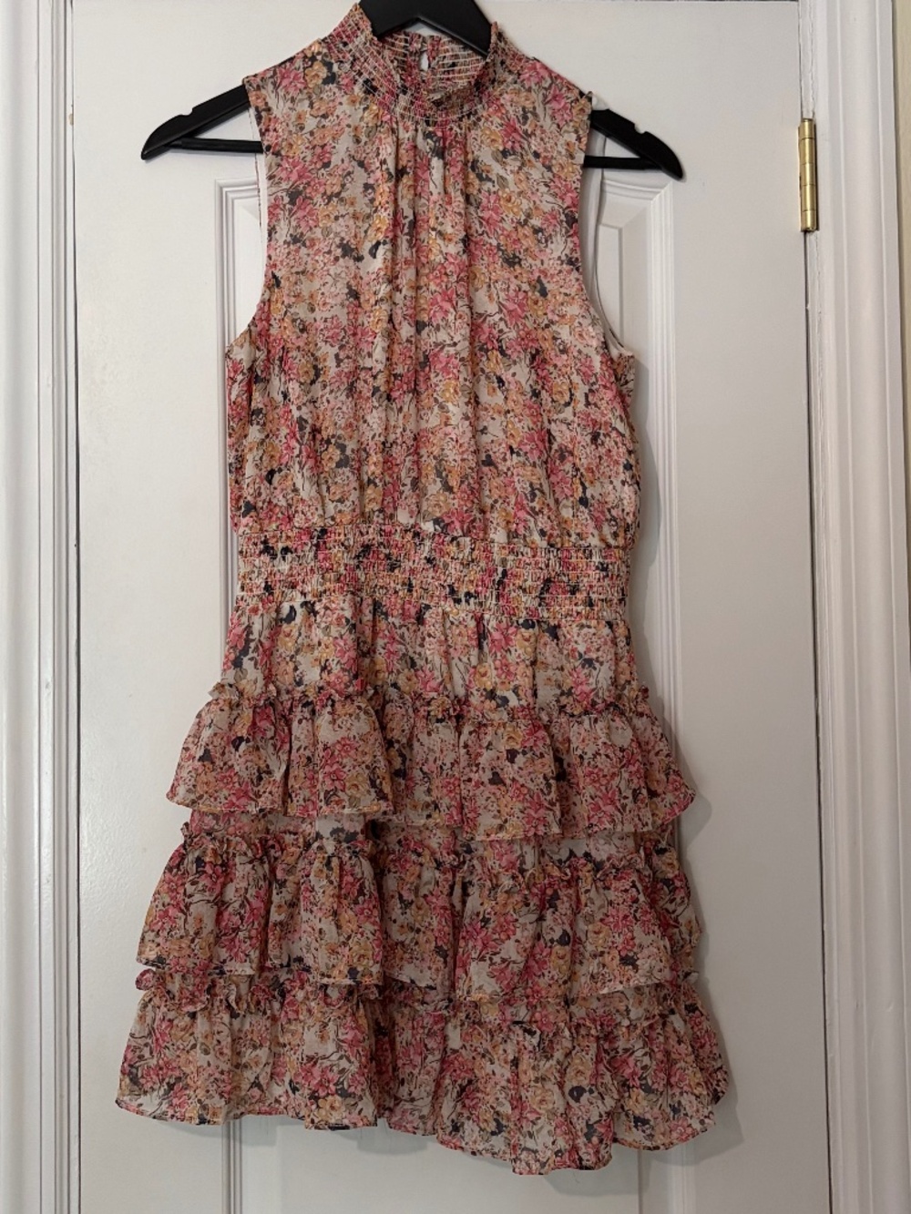 High-neck, sleeveless ruffle dress